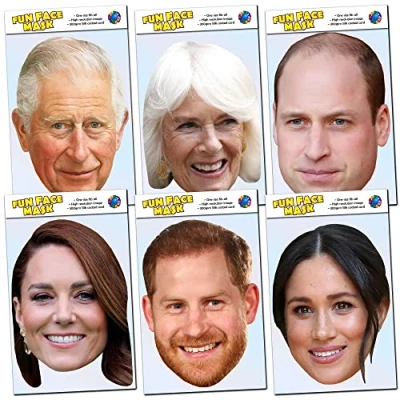 Image of Six Pack King Charles III, Camilla, Prince William, Kate Middleton, Harry and Meghan Markle Royal Family Celebrity Face Mask Ready To Wear Perfect For Coronation Parties B