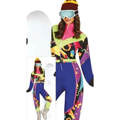 Image of FIESTAS GUIRCA Retro Ski Suit Fancy Dress Women Colourful 80s Shell Overall Funny Womens Costume 90s Snowboarder Skier Snowsuit Tracksuit Size L