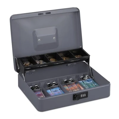 Image of Relaxdays Money box with combination lock, 3 digits, compartments for notes and coins, lockable, iron, grey, steel, 8,5 x 30,5 24,5 cm