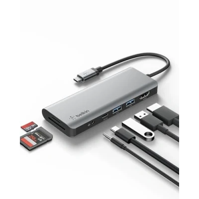 Image of Belkin USB C Hub, 7 in 1 MultiPort Docking Station for MacBook &amp; Windows 85W Power Delivery 3.0, 4K HDMI 1.4, 2x A SD Micro 3.5mm Audio Jack