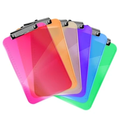 Image of 6 Coloured Clipboards Plastic (A4 Size) Holds 100 Sheets Clear Acrylic Low Profile Clip Heavy Duty Boards