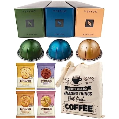 Image of Nespresso Vertuo Coffee Capsules Stormio, Odacio, Melozio 3 Boxes (30 Pods) Bundled with Selection of Border Biscuits &amp; Tote Gift Bag