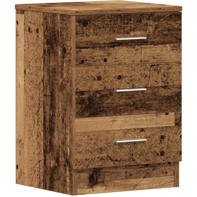 Image of vidaXL bedside cabinet engineered wood table, brown color with three drawers, 38x35x55 cm bedroom nightstand or side table for home storage