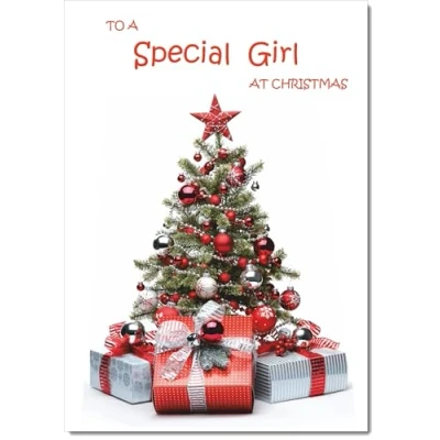 Image of doodlecards Special Girl Christmas Card Parcels and Tree Medium Size with Plain Envelope