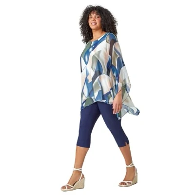 Image of Roman Originals Overlay Top for Women UK Ladies Summer Blouse Spring Everyday Holiday Autumn Work Winter Round Neckline Comfy Pull On Soft Vacation 3/4 Length Sleeves Navy Plus Size 22