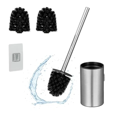 Image of Toilet Brush with Wall Holder, Adhesive, 40.5 x 9 10 cm, Stainless Steel, Plastic, Replacement Heads, Silver Relaxdays
