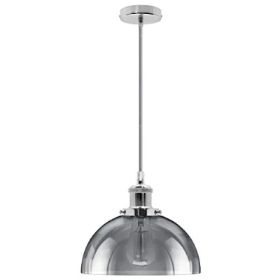 Image of Long Life Lamp Company Industrial Vintage Glass Dome Pendant Ceiling Light Smoke Grey Antique Chrome Holder M0101F