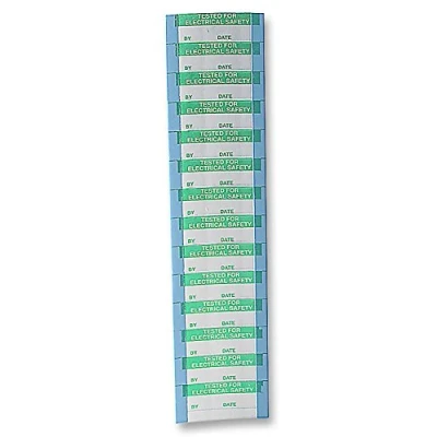 Image of Label, Tested Elec Safety, Pk350, Label Colour Green on White, Height 16mm, Legend for Electrical Safety (by, Date), Material Metallised Polyester, Type Write On,
