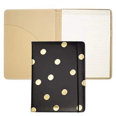 Image of Kate Spade New York Black/Gold Leatherette Notepad Folio, Professional Padfolio with Lined Writing Pad, Interior Pocket, and Pen Loop, Scatter Dot