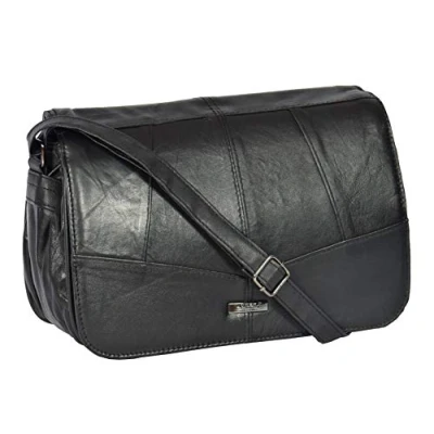 Image of A1 FASHION GOODS Womens Large Black Soft Leather Shoulder Bag Flap Over Classic Cross Body Satchel Alfa