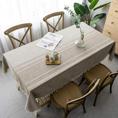 Image of Pahajim Tablecloth Rectangular Table Cloth Cotton Linen Tassel Wipe Clean Washable Wrinkle Freefor Kitchen, Dinning,Party Tabletop Decoration(Brown,55 x 79 inch)
