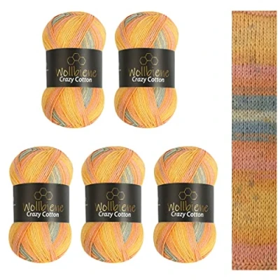 Image of 5 x 100 g Wollbiene Crazy Cotton Batik, 500 with Colour Gradient, 55% Cotton, Multicoloured Knitting Wool, Crochet All Year Wool (5030 Grey, Orange, Yellow)