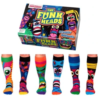 Image of United Oddsocks The Funk Heads Box of 6 Colourful Mix &amp; Match Novelty Socks for Men,UK 11 EUR 39 46 US 7 12. Fun and Quirky Birthday,Christmas,Father&#039;s Day Gift Men