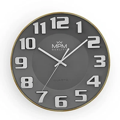 Image of MPM Quality Design Wall Clock, 3D Numerals, Quartz Movement, Sweep, Grey/White, Modern, Plastic and Mineral Glass, Decoration for Any Room: Bedroom, Office, Kitchen, Living Room, Diameter 334 x