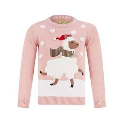 Image of Tokyo Laundry Girls Xmas Lama LED Light Up Novelty Christmas Jumper in Pink Almond Blossom Merry Kids (4 12yrs) 4 5 Years