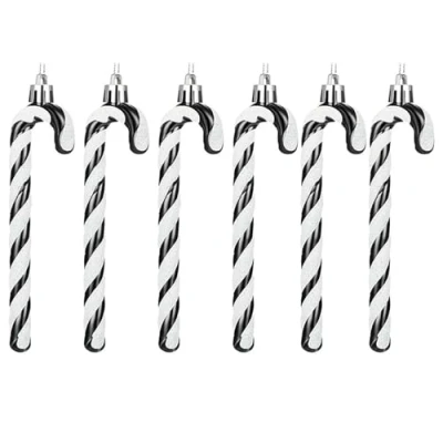 Image of 6 PCS 13cm Glitter Candy Cane Christmas Tree Decorations, Ornaments, Twisted Plastic Hanging Black + White