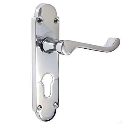 Image of Pair of Polished Chrome Scroll/Shaped Door Handles Euro Keyhole Front Lock Lever