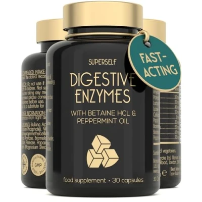 Image of Digestive Enzyme Supplements with Betaine HCL 7 Enzymes for Gut Health &amp; Support Lactase, Bromelain, Lipase Peppermint Oil 30 Capsules Gentle Fast Acting Tablets UK Made