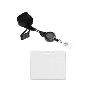 Image of ID Card It Lanyard Neck Strap with Safety Breakaway, Retractable Reel and Pass Badge Holder Enclosed for Work, Office, Security (Black PVC)