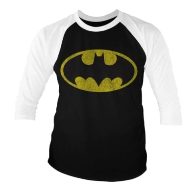 Image of BATMAN Officially Licensed Distressed Logo Baseball 3/4 Sleeve T Shirt (White Black), Large