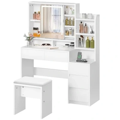 Image of YITAHOME Dressing Table with Mirror and Stool, Vanity Desk Bedroom Tables LED Lights Makeup 5 Drawers Open Shelves White Modern Dresser