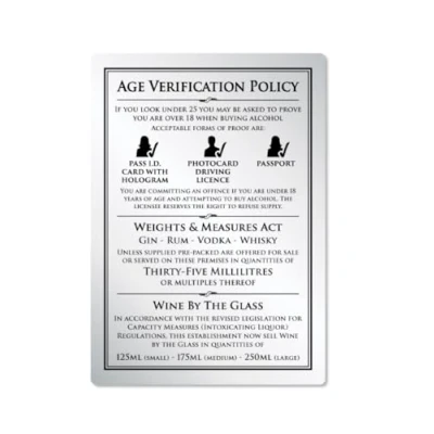 Image of 35ml 3 in 1 Alcohol Law Sign Pub Bar Restaurant Licensing Notice Under Age Wine