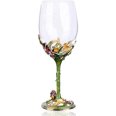 Image of YBK Tech Handmade Enamel Craft Crystal Red Wine Glass in Gift Box, Iris Design (Green)