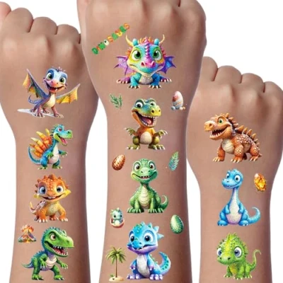 Image of Dinosaur Glitter Tattoo for Kid, 12 Sheets Dino Temporary Tattoos Kids, Toys Boys, Party Decorations, Bags Fillers Gifts