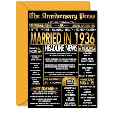 Image of Gold 89th Anniversary Card for Women Men Golden Newspaper Married in 1936 Happy 89 Year Wedding Partner Wife Companion Husband, 5x7 Inch Anniversaries Greeting Cards
