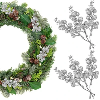 Image of KBNIAN 14 Pcs Christmas Glitter Berries Stems, 7 Inch Silver Picks Artificial Holly Berry Branches Tree for Tree, Wreath, Crafts, Holiday Decor