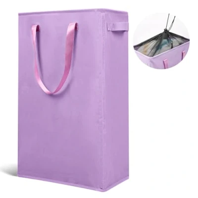 Image of Odonata Slim Laundry Hamper Handles Collapsible Basket Thin Dirty Clothes Narrow Bag Foldable 45L (Light Purple)