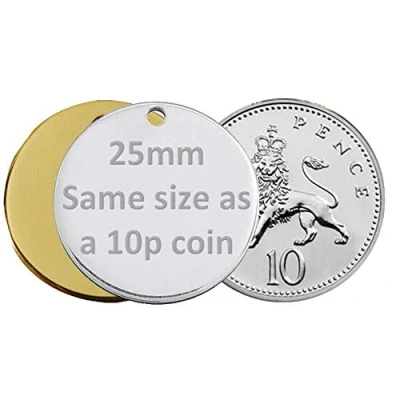 Image of Personalised Round/Bone Engraved Dog ID Name Tag Small/Large Pet/Cat Tags (25mm, Gold/Brass)