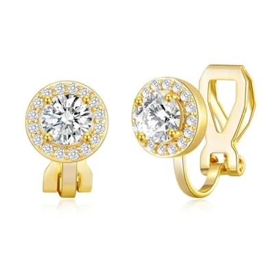 Image of Philip Jones Gold Plated Round Halo Clip On Earrings Created with Zircondia® Crystals