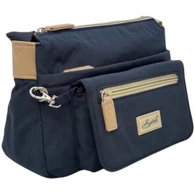 Image of Spirit Womens Lightweight Small Multi Section Crossbody Shoulder Travel Holiday Nylon Waterproof Day Bag With Adjustable Strap 1651 Navy &amp; Stone