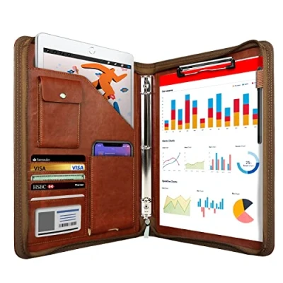 Image of WRIYES Zipped Portfolio Folder a4, Leather Padfolio with 3 Ring Binder, Professional Conference Folder, Personal Work Organiser, Travel Document Holder (Brown)