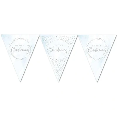 Image of Anniversary House On Your Christening Paper Flag Bunting Foil Stamped Shiny Design Blue Silver Party Decorations 11 Flags Banner Decoration for Boys J095