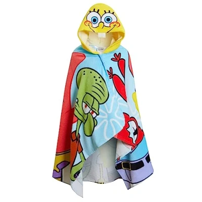 Image of SPONGEBOB SQUAREPANTS Hooded Towel 100% Cotton Kids Poncho Beach Bath Swimming Wrap Changing Robe