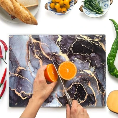 Image of Glass Chopping Board 40x30cm : Worktop Saver for Kitchens Durable, Hygienic Savers Scratch Resistant, Heat Proof Grey &amp; Gold