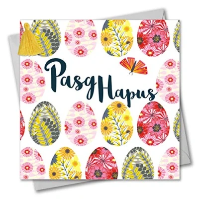 Image of Claire Giles Tassel Embellished Welsh Language Easter Greeting Card, Rows of Eggs, Pasg Hapus