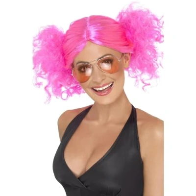 Image of Smiffys 80s Bunches Wig, Pink , 1980&#039;s Fancy Dress, 1980s Dress Up Wigs
