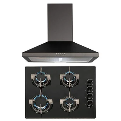 Image of SIA 60cm Black 4 Burner Gas On Glass Hob &amp; Chimney Cooker Hood Extractor Fan