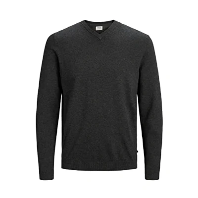 Image of JACK &amp; JONES Male Knitted V Neck Jumper, Dark Grey Melange, XXL