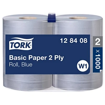 Image of Tork 128408 Basic Paper 2 Ply / Absorbent, Recycled Roll Suitable for W1 Wipers Wall/Floor/Standard System Blue x 340m Ø 26.3cm