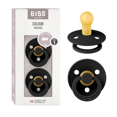 Image of BIBS Colour Soother 2 Pack, BPA Free Dummy Pacifier, Round Nipple. Natural Rubber Latex, Made in Denmark, Size 1 (0 6 Months), Black