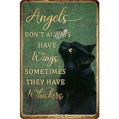 Image of Angels Don&#039;t Always Have Wings Sometimes They Whiskers Tin Sign Vintage Floral Black Cat Lovers Gift Metal Plaque Home Wall Decoration 5.5x8 Inches
