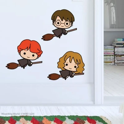 Image of Harry Potter Wall Sticker Character Trio Brooms Charm Decal Set Wizarding World Art (60cm (W) x 35cm (H))