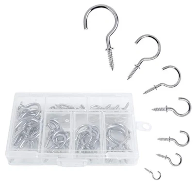 Image of OWUDE 60PCS Screw Hooks, Cup Hooks Heavy Duty, Small Hanging Drop Ceiling for Plants, Cups, Kitchen Cabinet Shelf, 7 Sizes (Silver)