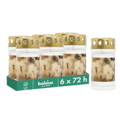 Image of Bolsius Grave Light with Dandelion Motif, Set of 6, Length Burning Time 3 Days, Funeral Candle &amp; Memorial Candles, Clean Burning, Palm Oil Free, White