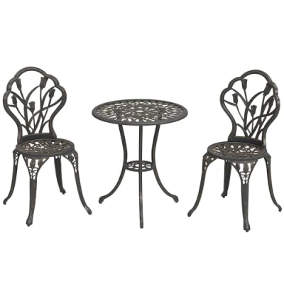 Image of Outsunny 3 Piece Patio Bistro Set for 2, Outdoor Aluminium Garden Table and Chairs with Umbrella Hole Balcony, Bronze Tone