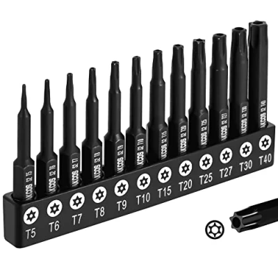 Image of DAKCOS 12 Piece Tamper Proof Torx Bit Set, Premium S2 Alloy Steel Security Star Bits,50mm Long T5 T40